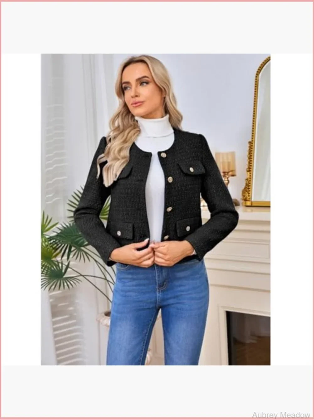 Women's Tweed Blazer Jacket Casual Long Sleeve Button Down Cropped Coat
